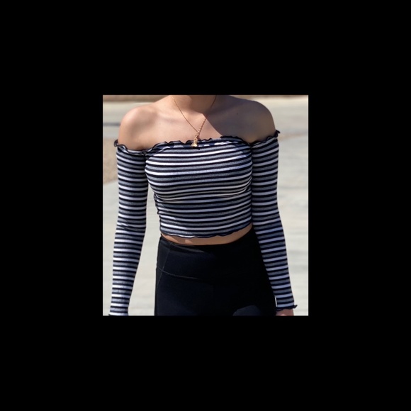 Hearts & Hips Tops - Striped off the Shoulder Crop Long-sleeve